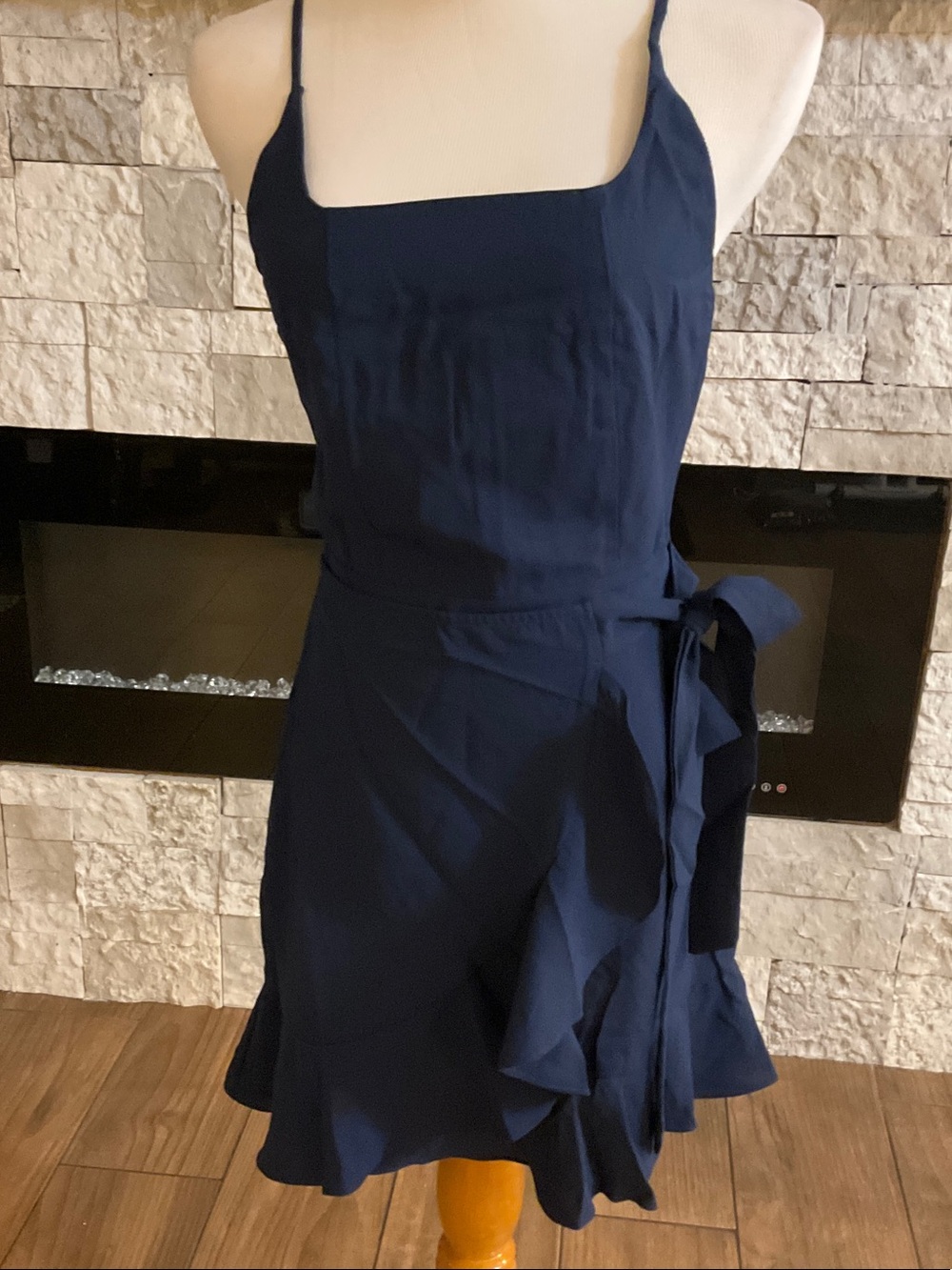 Women’s Navy Ruffle Wrap Dress with Tie Strap Size S
